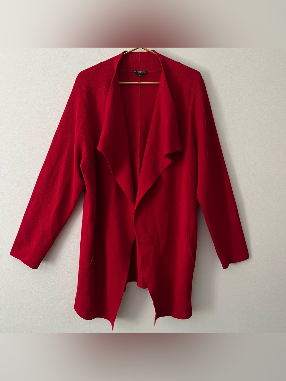 Eileen Fisher Vibrant Cherry Red Silk Cotton Open Front Long Cozy Cardigan 3X